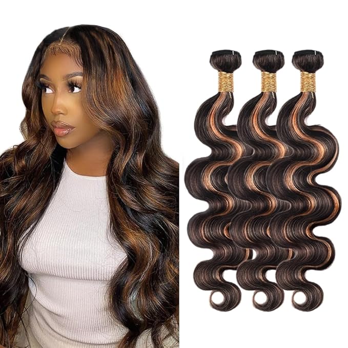 Highlight Bundles Human Hair Light Brown Body Wave Bundle Niegmeag Brazilian Virgin Remy Hair 3 Bundles 20 22 24 Inch Double Weft 2 Tone Black and Light Brown Bundle P1B30 Color
