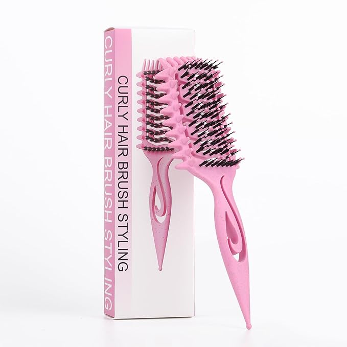 Curl Defining Brush, Curly Hair Brush for Detangling Shaping and Styling Curly Hair, Vented Candy Brush for Wet or Dry Hair Types for Women and Girl, Defining with Side Gear, Reduces Frizz (Pink)