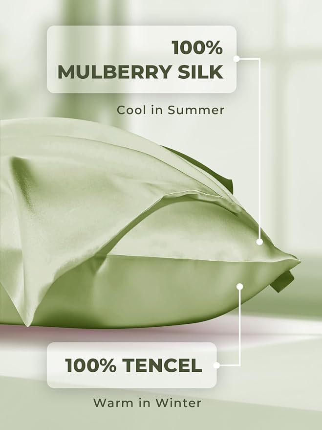 Mulberry Silk Pillowcase for Hair and Skin, SGMSILK 22 Momme Natural Silk Pillow Cases with Zipper, 6A Soft and Smooth Single Sided Pure Silk Pillow Cover (Matcha, Standard 20"x26")