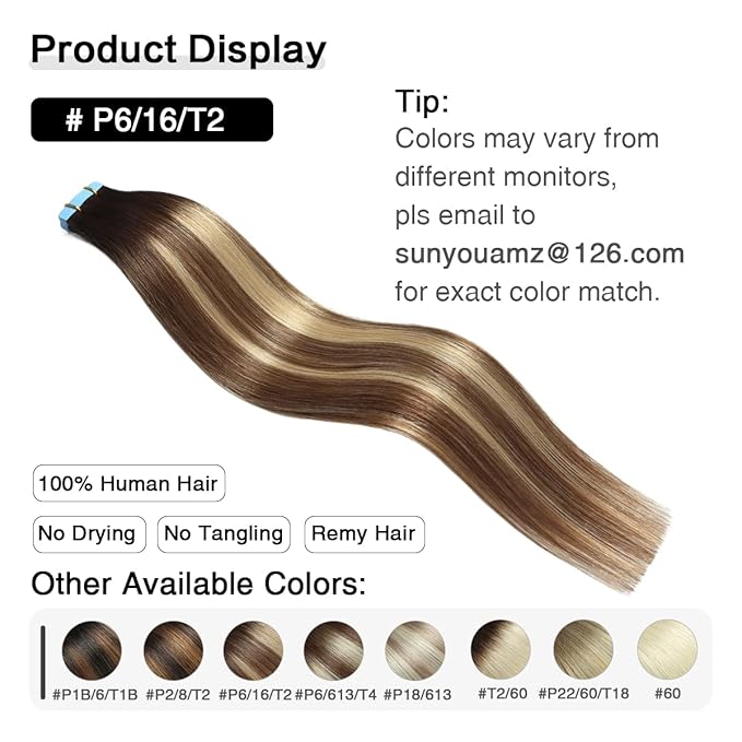 SUYYA Tape in Hair Extensions Human Hair Balayage Darkest Brown to Chestnut Brown and Light Blonde 12 Inch 40g/pack 20pcs Straight Seamless Skin Weft Tape in Extensions(12inch #P6/16/T2)