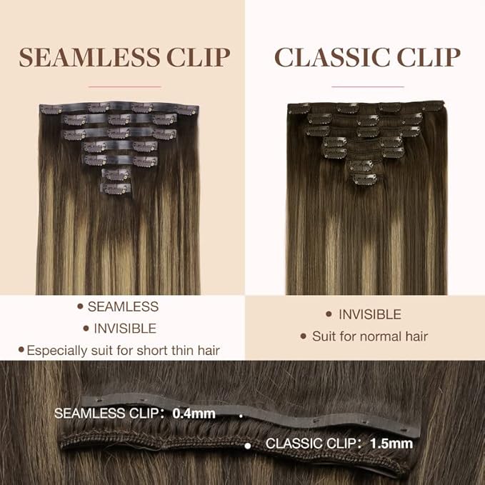 GOO GOO Clip in Hair Extensions Real Human Hair, Remy Human Hair Extensions Clip ins for Women, Natural Human Hair, 14inch 110g 7Pcs, 4/27/4 Balayage Chocolate Brown to Caramel Blonde