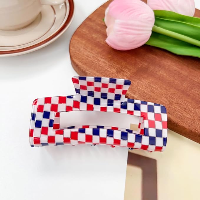 Checkered Hair Claw Clips for Women Ladies, 4inch Fashion Large Hair Clips for Styling Claw Clamps Thick Hair Retro Rectangle Shape Hair Jaw Clips (3 Pack)