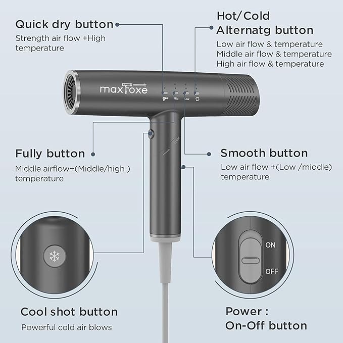 Hair Dryer, High-Speed Brushless Motor Ionic, Foldable and Portable 9Modes One Touch Switch with 1Diffuser, 1Nozzle and 1Concentrator Attachment for Home, Travel, Grey