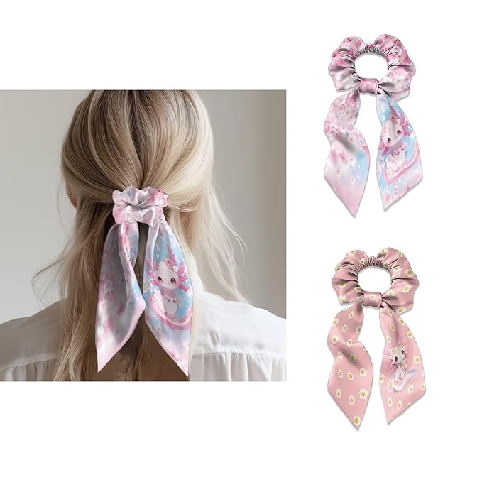 Cherry Blossom Elastic Hair Band with Ribbon Pack Of 2 Axolotl Daisy No Damage Bow Scrunchy Casual Bow Hair Ties Satin Ponytail Holder for Womens