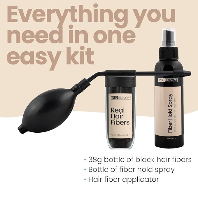 Hair Illusion Combo Kit - Hold Spray, 38g Hair Fiber Bottle, Applicator & Hairline Optimizer (Black)