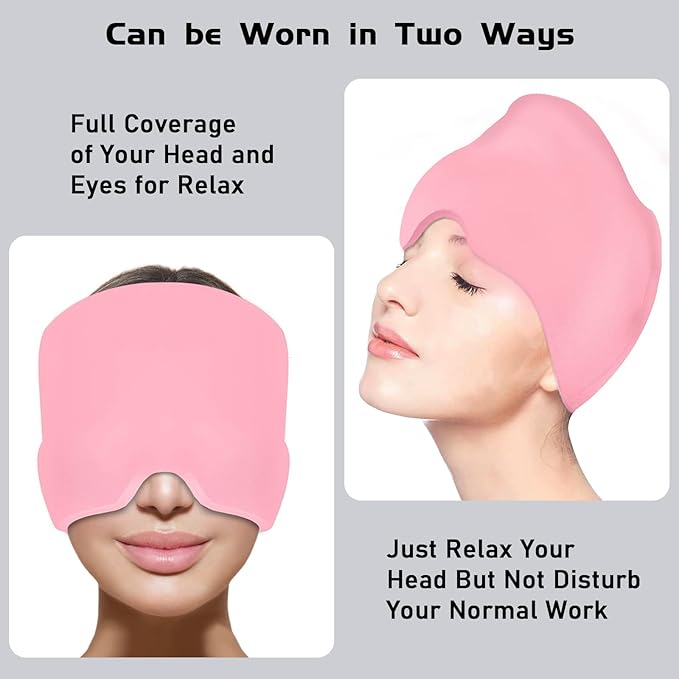 Headache Relief Hat for Migraine Relief, Tension, One Size Fits All Headache Cap with Reusable Ice Gel Pack for Puffy Eyes, Stress Relief (Pink)