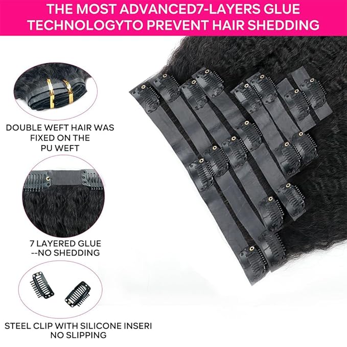 Seamless Kinky Straight Clip in Hair Extensions for Black Women Brazilian Virgin Human Hair Extensions 8Pcs Seamless Clip ins Human Hair with 18Clips Invisible PU Skin Weft 120g 24inch Natural Black
