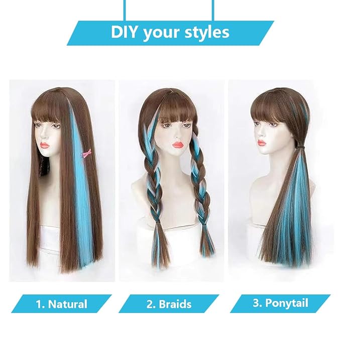 Colored Hair Extensions Clip In for Kids Girls Women, Teal Blue 10 Pieces Rainbow Color, 22 Inch Long Straight Highlights Party, Synthetic