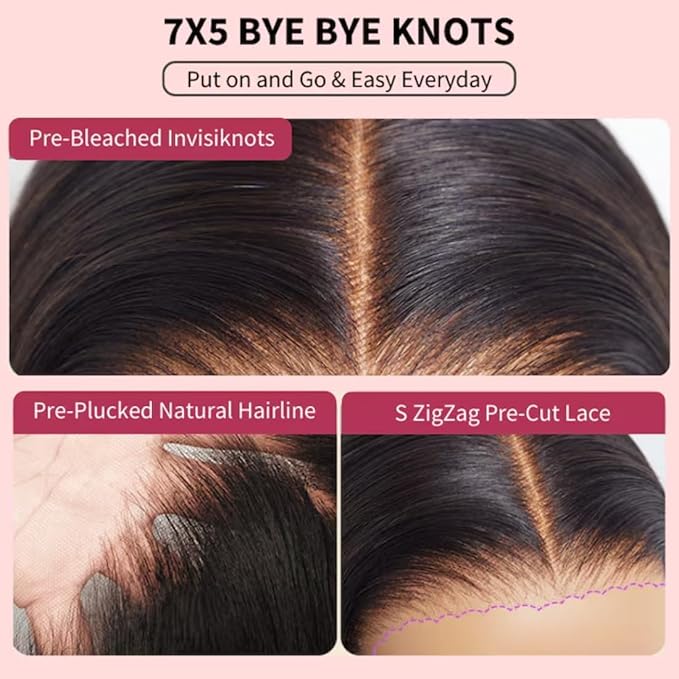YIROO Ombre Chestnut Brown Bye Bye Knots Wig Loose Wave 7x5 Lace Front Glueless Wig Human Hair Pre Plucked Pre Cut Put on and Go Ready to Wear Wig Pre Bleached 150% Density 24inch