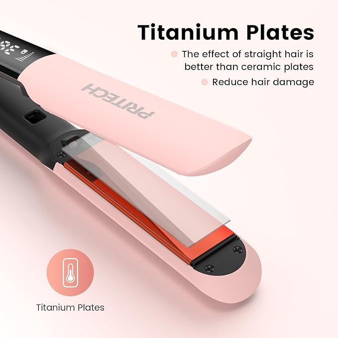 PRITECH Flat Iron Hair Straightener and Curler 2 in 1, Titanium Flat Iron with Negative Ions, Adjustable Temp(248℉-450℉) and Automatic Shut Off (Pink)