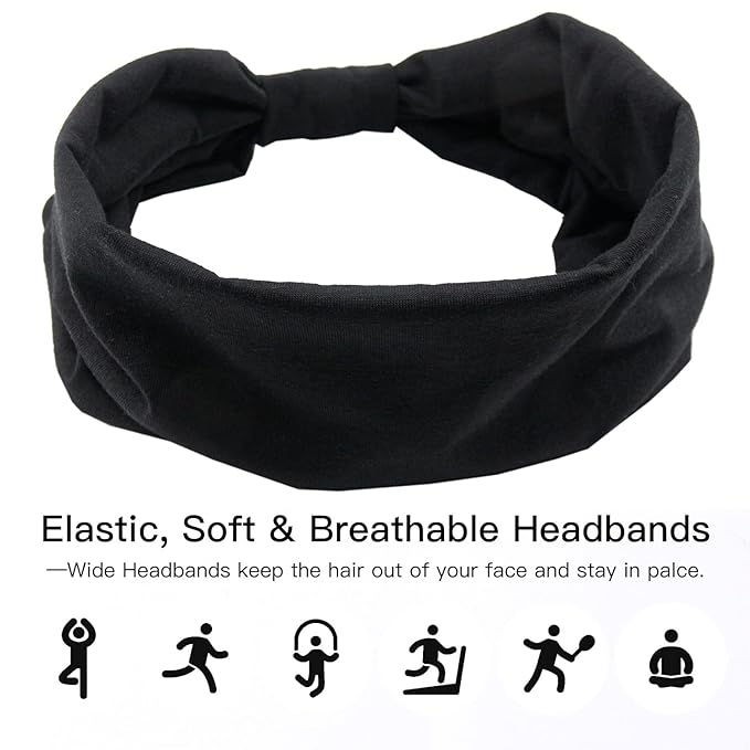 Yeshan Black Wide Headbands for Women Turban Knotted Headband for Lady Boho Thick Head Wraps Hairbands Large African Sport Yoga Head bands,Pack of 6