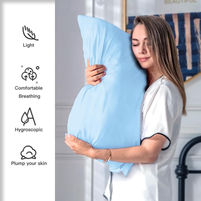Silk Pillow Cases 2 Pack Soft Breathable and Sliky Queen Size Pillow Cases Set of 2,Natural Mulberry Satin Silk Pillowcase with Hidden Zipper for Hair and Skin (Sky Blue,20"X 30",2pcs)
