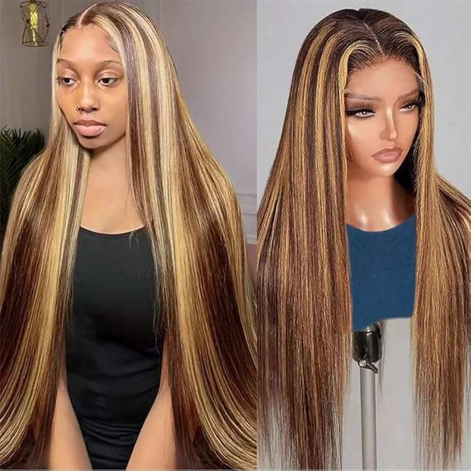 13x6 Ombre Lace Front Wigs Human Hair for Women 180 Density 4/27 Highlight Colored HD Transparent 30 Inch Straight Lace Front Wig Human Hair Pre Plucked Glueless Lace Frontal Wigs