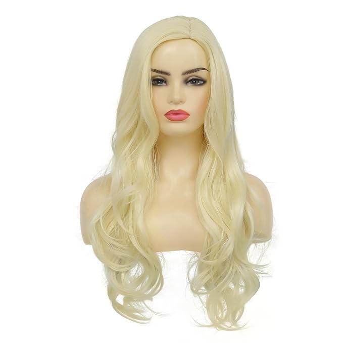 Baruisi Long Curly Wavy Blonde Wigs for Women Side Part Natural Looking Cosplay Synthetic Heat Resistant Replacement Wig
