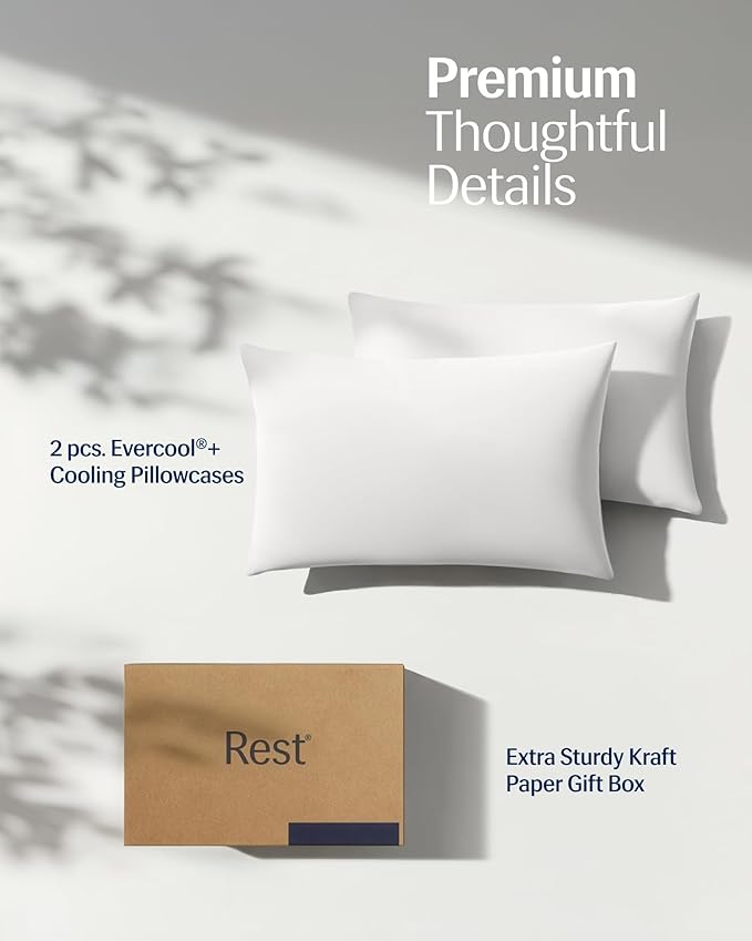 REST® Evercool®+ Cooling Pillowcases King - 2 Pillowcases for Sensitive Skin, Silver Infused Fabric for Hygienic Sleep, Silky Smooth for Curly Hair, High Elastic for Snug Fit (19x35 inches)