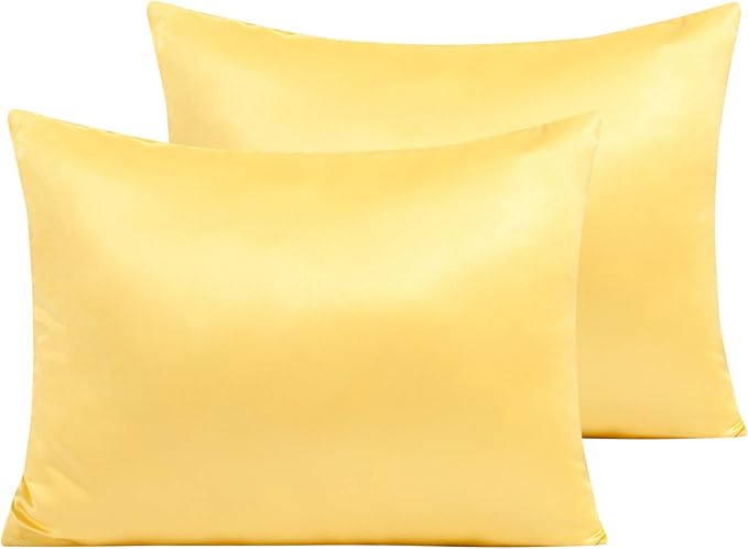 NTBAY Zippered Satin Pillow Cases for Hair and Skin, Luxury Standard Hidden Zipper Pillowcases Set of 2, 20x26 Inches, Yellow