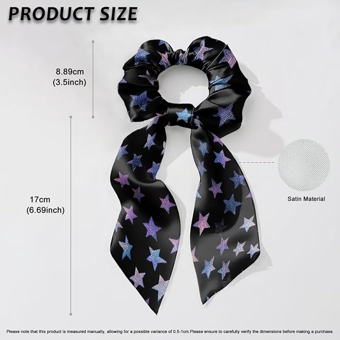 Star Hair Scarf for Women Ponytail Scrunchies Fashion Travel Accessory 2 Pcs Silky Hair Scrunchy Ribbon Scrunchies Ponytail Holder