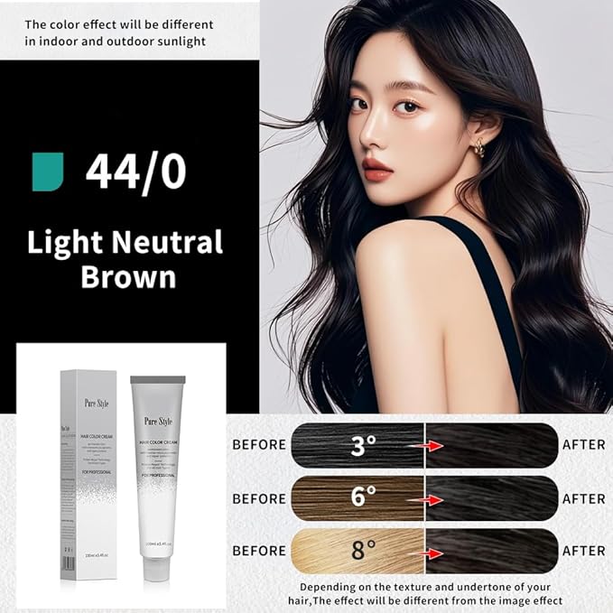 PureStyle 100ml Professional Permanent Hair Color Dye Cream Ammonia Free, Long Lasting Color, 100% Gray Coverage, Natural Shine, For All Hair Types Easy At Home Application (44/0 Light Neutral Brown)