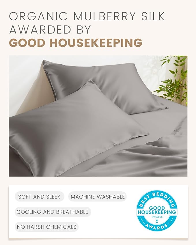 THXSILK 100% Natural Mulberry Silk Pillowcase for Hair and Skin, Grade 6A+ Pillowcase with Hidden Zipper, Soft Breathable Smooth Both Sided Silk Pillow Cover(Standard 20x26inch, Grey)