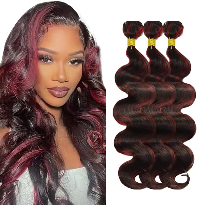 P1B99j Body Wave Bundles Highlight Human Hair Bundle Peruvian Brazilian Virgin Remy Hair 3 Bundles 16 18 20 Inch Double Weft 2 Tone Black and Red Bundle Hair Weave