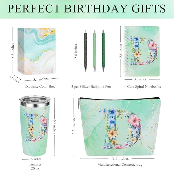 Personalized Gifts Monogrammed Birthday Gifts for Women, Boss Teacher Appreciation Christmas Initial 20 oz Tumbler, Makeup Bag Cup Ballpoint Pens Journal Notebook 6 Set, (Aesthetic Green Flower D)