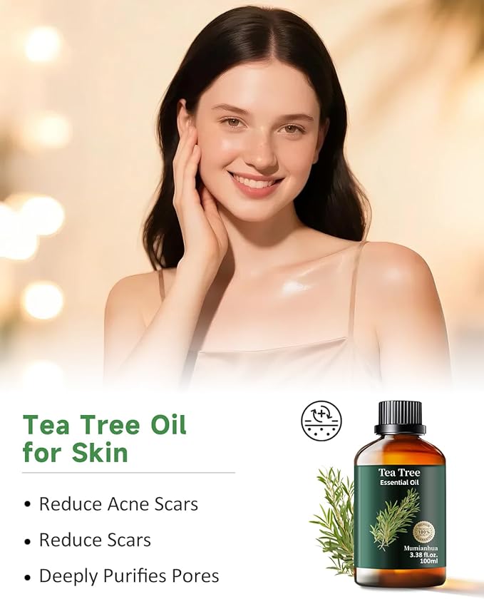 Pure Tea Tree Essential Oil, Mumianhua Natural Purifying Oil for Home & Outdoor Protection, Aromatherapy for Cleansing Air, Diffuser, Hair, Skin & Nail Care, 3.38 Fl Oz