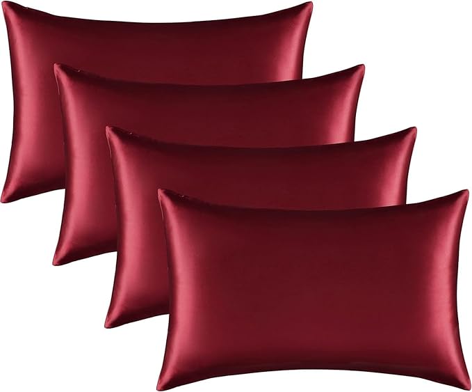Satin Silk Pillowcase for Hair and Skin, Black Pillow Cases Standard Size Set of 4 Pack Super Soft Pillow Case with Zipper Closure (Burgundy, Standard(4 Pack))