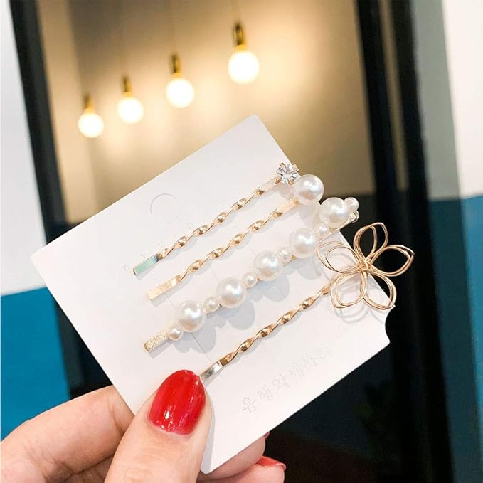 WHITEBRIDGE 12pcs Vintage Pearl Hair Bobby Pins Metallic Flower Barrettes Combination Hair Clips for Women Girls, Shiny Crystal Diamand Bobby Pins