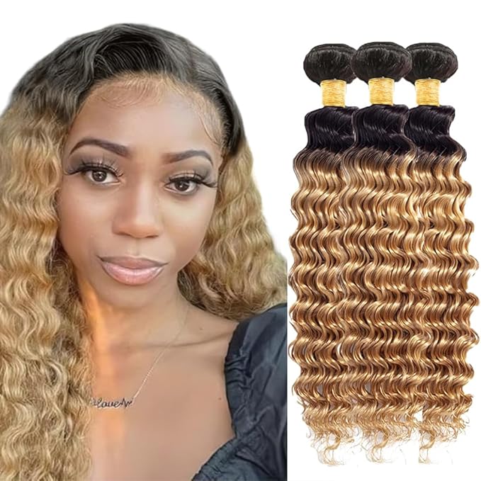 1b/27 Human Hair Bundles Ombre Blonde Deep Wave Bundle Brazilian Virgin Soft and Silky Remy Hair 3 Bundles 16 18 20 Inch Double Weft 2 Tone Black and Honey Blonde Bundle 150g