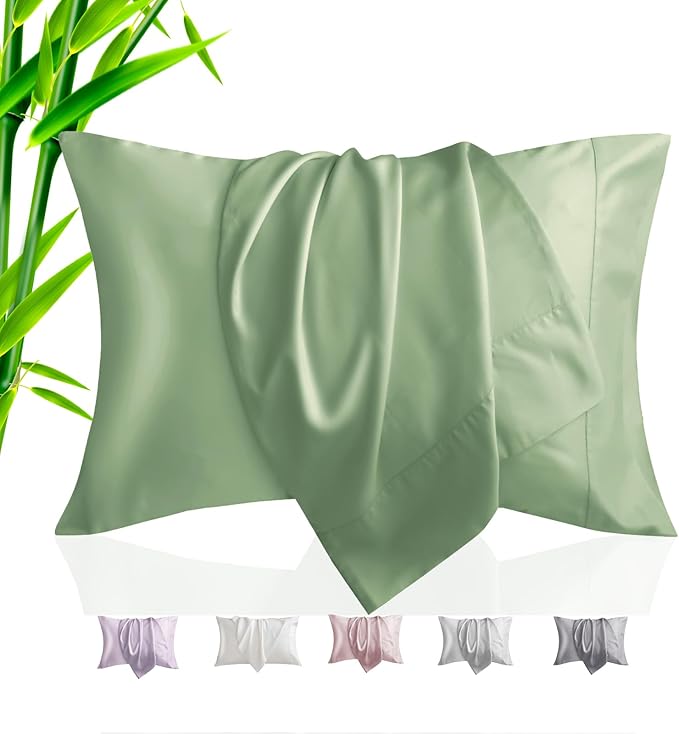 TELUS Pillow Cases Queen Size 2 Pack, Bamboo Rayon & Lyocell Pillowcase with Envelope Closure, Cooling Breathable Pillow Cover for Hot Sleeper & Night Sweats, 20x30 inch, Sage Green