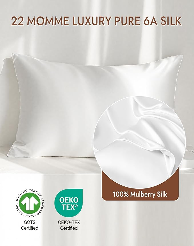 SilkSilky 100% Mulberry Silk Pillowcase - Pure 22 Momme High-Grade 6A Fibers for Hair & Skin, Envelope Closure, Natural, Organic, Breathable & Cooling Pillow Case (Queen, White)