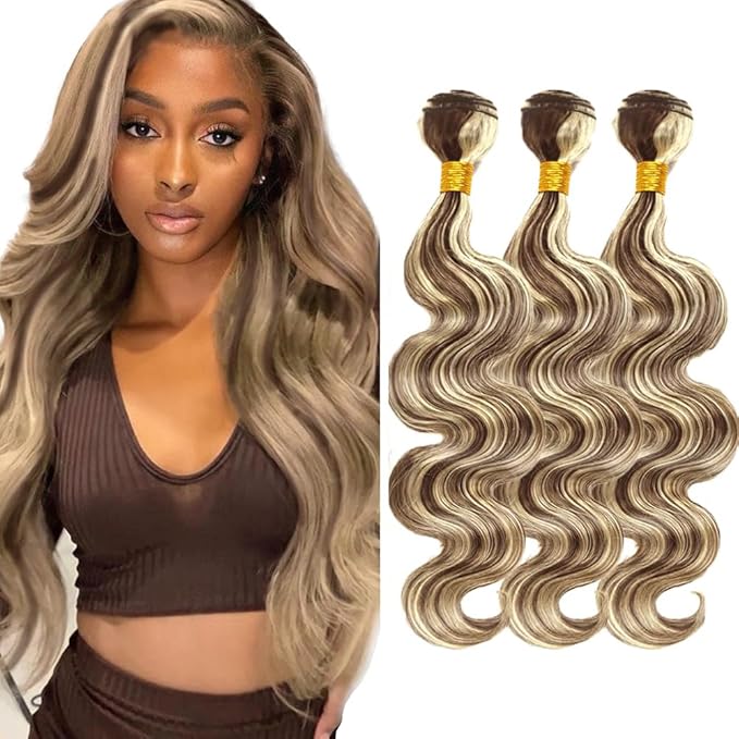 Highlight Bundles Human Hair Blonde Body Wave Bundles12 14 16 Inch Niegmeag Brazilian Virgin Remy Hair Extensions 2 Tone Blonde and Brown Body Wave Bundle 300g
