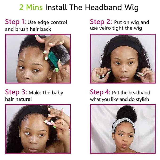 KLAIYI Headband Human Hair Wig Water Wave Curly Non Lace Front Wigs for Black Women Deep Wave Glueless Wear and Go Half Wig with Band 30S Ready to Wear Beginner Friendly 180% Natural Hairline 16Inch