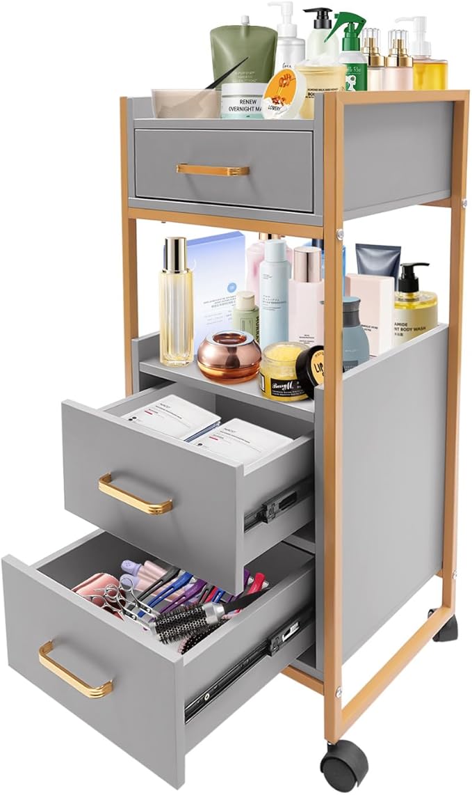 Salon Trolley with Wheels, 3 Drawers Salon Cart with Hair Dryer Holder Utility Salons Cabinet for Tools Storage at Barbershop Beauty Salons Tattoo Shop (Grey)