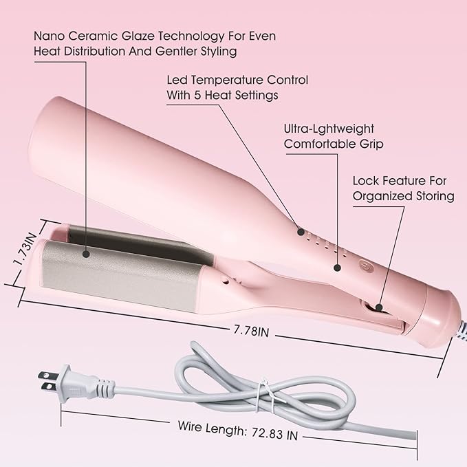 Beach Wave Curling Iron Deep Waver Hair Tool, Mermaid Hair Waver for Women Crimper, Anti-Scald, Dual Voltage, 1.4 Inch Ceramic Double Barrel Wavy Curling Iron, Pink