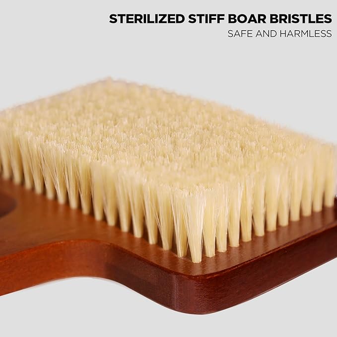 ICANdOIT Exfoliation Set-17.71 Inch Boar Bristles Back Scrubber Bath Brush,Shower Brush with No-Slip Curved Handle,Dual-Sided Face Exfoliation Glove