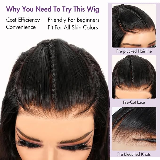 250 Density HD Lace Front Human Hair Wigs For Black Women 15A Grade Bleach Knots Glueless Wear and Go 9X6 Pre Braided Wig 9x6 Straight Lace Frontal Wigs Human Hair Pre Plucked Pre Cut 26inch