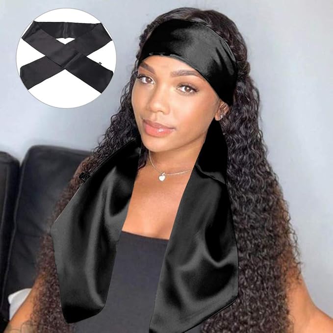 XTREND Satin Edge Scarves for Wigs Silk Headbands Soft Edge Scarf to Lay Edges for Black Women Keep Wig Secured Satin Headband for Yoga, Makeup, Facial, Sport (1 pc, Black#)