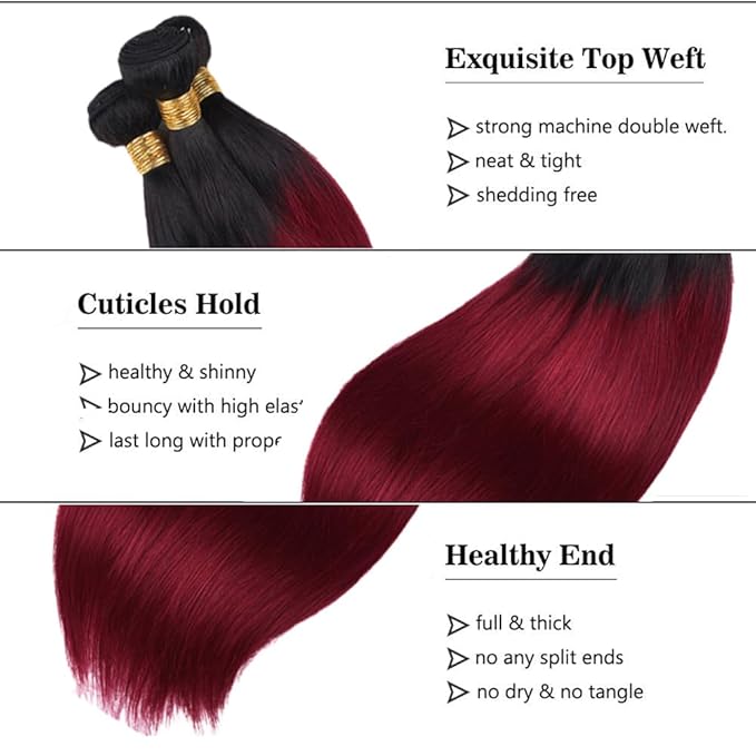 Ombre Human Hair Bundles Burgundy Straight Bundles Peruvian Virgin Remy Hair Extensions 14 16 18 Inch Niegmeag Double Weft 2 Tone Black and Red Straight Bundle Hair Weave 300g