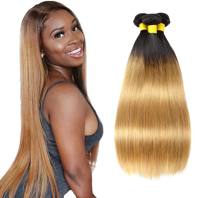 Blonde Bundles Human Hair Ombre Straight Bundle Niegmeag Brazilian Virgin Remy Hair 3 Bundles 18 20 22 Inch 2 Tone Black and Honey Blonde Straight Bundle Double Weft Hair Weave 300g