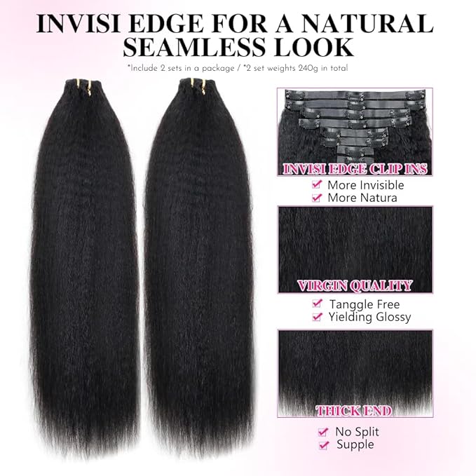 Invisi Edge Clip In Hair Extensions Human Hair 2 Pack 240g 16pcs Kinky Straight Invisible Clip Ins For Women Full Head Injected Clip Ins Remy Human Hair Extensions Natural Color 20inch