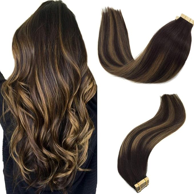 GOO GOO Tape in Hair Extensions Human Hair, 2/6/2 Balayage Dark Brown to Chestnut Brown, 20inch 50g 20pcs, Thick Ends Straight Seamless, Invisible