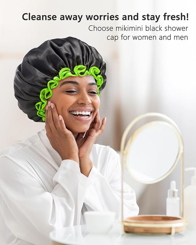 mikimini Black Shower Cap for Women, Men & Girls, 2 Packs Reusable Double Layers Waterproof Bathing Shower Hat with Soft Comfortable PEVA Lining, non-fading, Stretchy Shower Cap