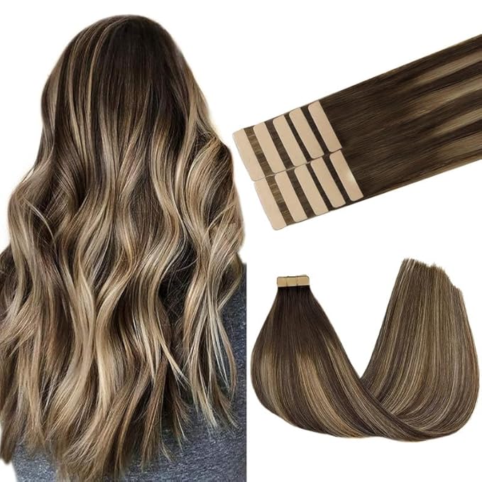 GOO GOO Tape in Hair Extensions Human Hair, 4/26/4 Balayage Chocolate Brown to Honey Blonde, 20inch 30g 10pcs, Skin Weft Seamless Invisible, Silky Straight with Thick Ends, Remy Human Hair