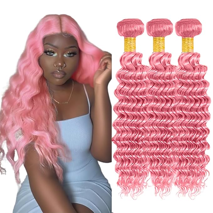 Pure Pink Deep Wave Bundles Pink Human Hair Bundle Peruvian Grade 8A Virgin Hair 3 Bundles 22 24 26 Inch Double Weft Hair Weave