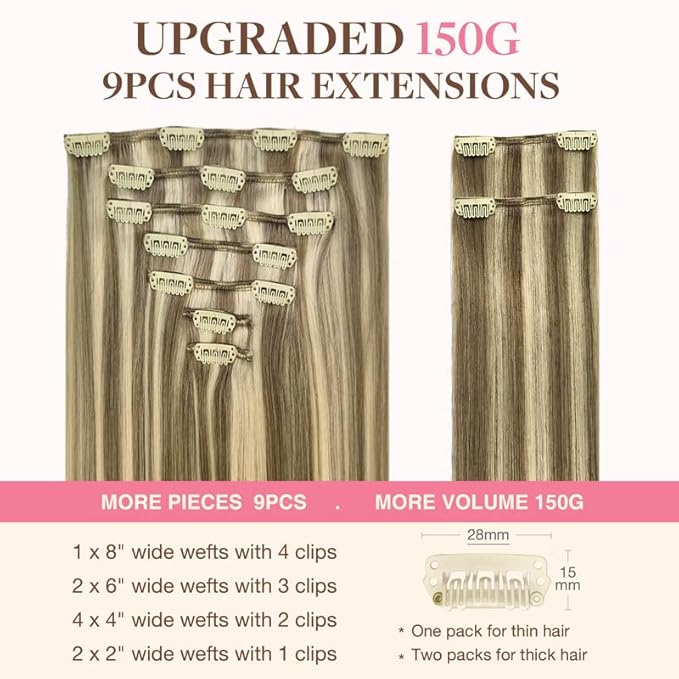 GOO GOO Clip in Hair Extensions Real Human Hair, Remy Human Hair Extensions Clip ins for Women, Natural Human Hair, 22inch 150g 9Pcs, 8A/22 Medium Brown Highlighted Golden Blonde