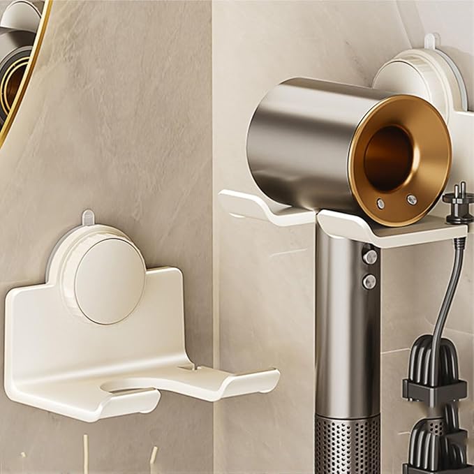 DBlosp Universal Hair Dryer Holder, Metal Suction Hair Tool Organizer Blow Dryer Holder Hair Dryer Holder Wall Mount with Plug&Cord Organizer (White)