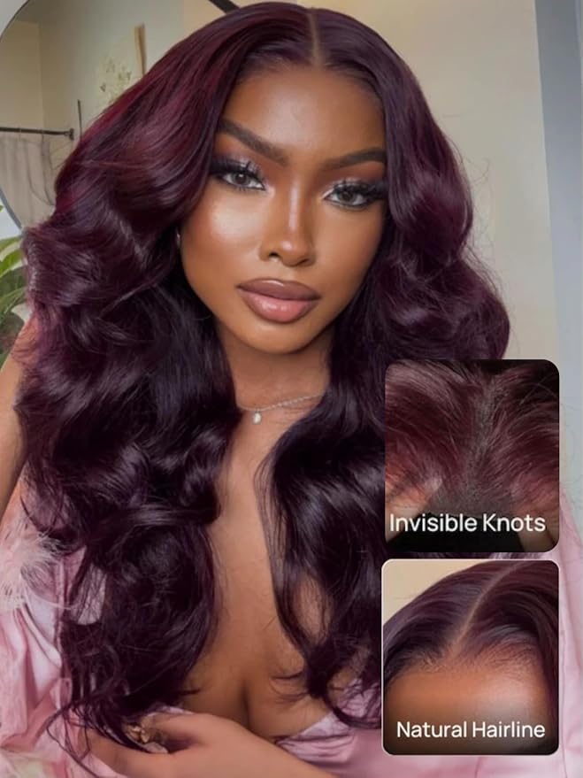 KLAIYI Black Cherry Loose Body Wave Pre Eeverything 13x4 Lace Frontal Wigs Human Hair Bye Bye Knots Glueless Ready to Wear and Go Wig with Face Framing Bangs Drawstring Pre Plucked Burgundy Wig 22Inch