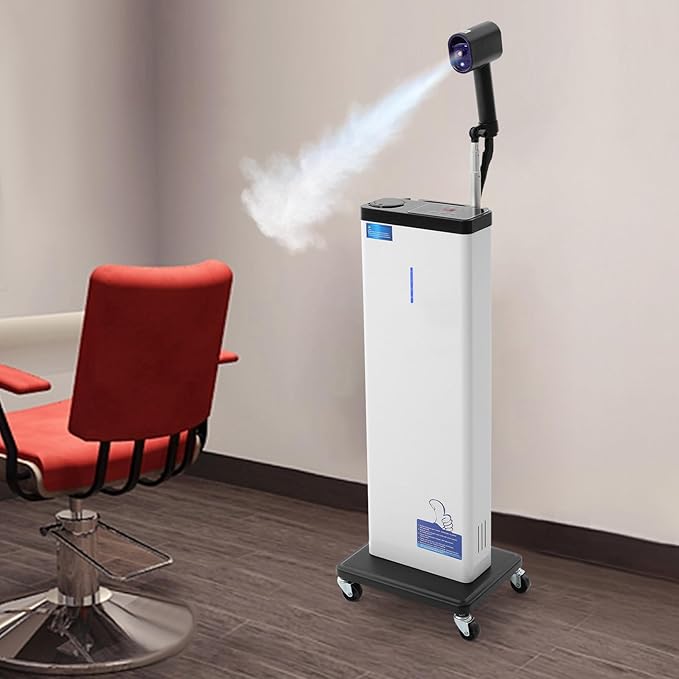 Nano Mist Hair Steamer, 1300W Professional Hair & Scalp Care Machine with 9 Steam Settings, 800ml Tank, Negative Ion & Blue Light Therapy, Rolling Stand for Salon & Home Use, Deep Conditioning, White