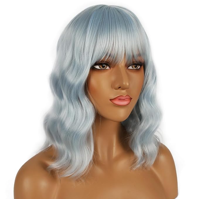 Short Bob Wigs with Bangs for Women Loose Wavy Wig Curly Wavy Shoulder Length Bob Synthetic Cosplay Wig for Girl Colorful Costume Wigs (Ice Blue)